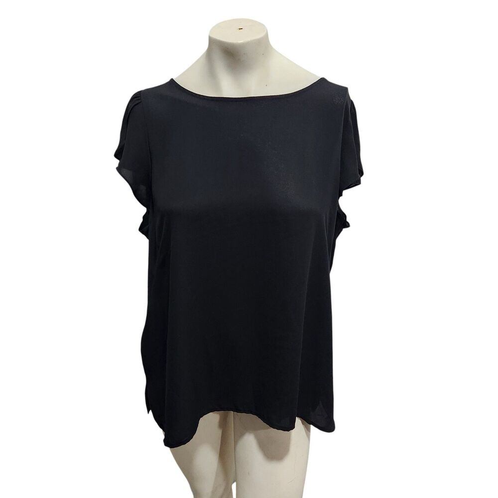 Ann Taylor LOFT Black Sheer Flutter Sleeve Blouse Button Back Womens XL